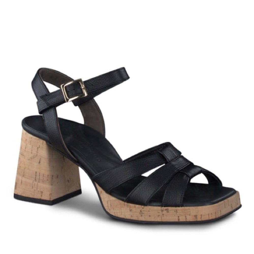 Paul Green Tina Sandal Black Leather Platform Cork Heel Sz 5.5